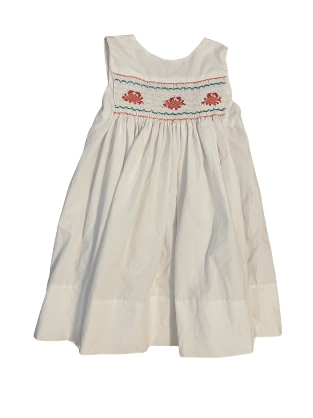 Classic White Smocked Kids Dress with Coral Crab Embroidery